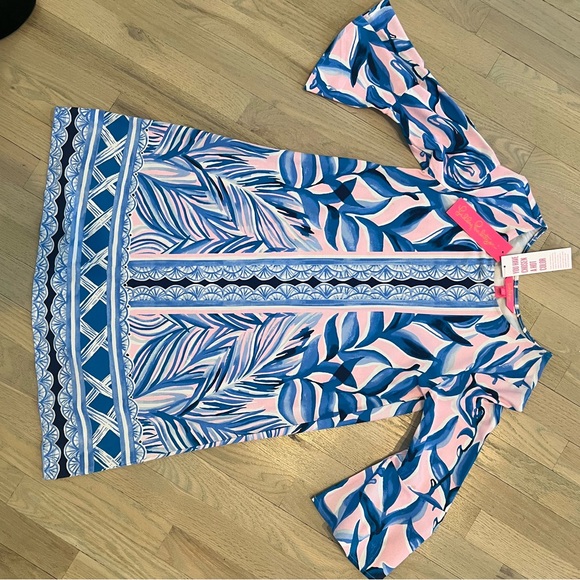 NWT Lilly Pulitzer Shift Dress Blue Palm Print with Bell Sleeves - Picture 6 of 11